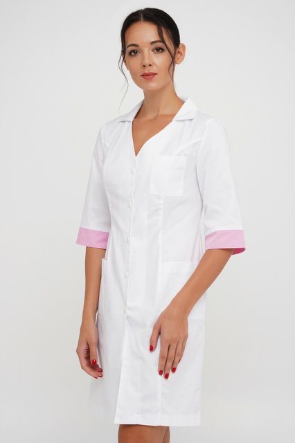 Жіночий медичний халат білого кольору з рожевими вставками 107, Рожевий, 44