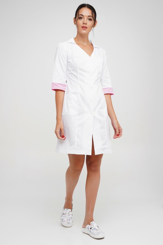 Жіночий медичний халат білого кольору з рожевими вставками 107, Рожевий, 44